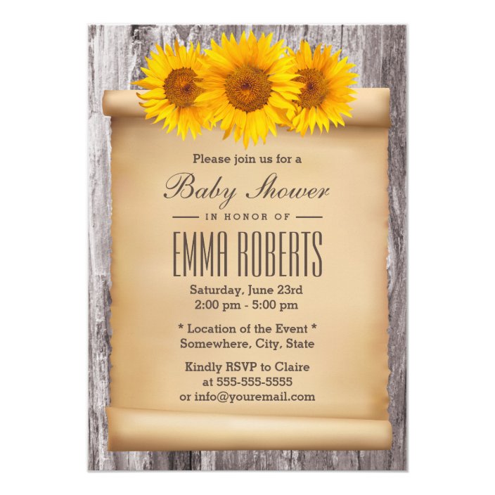 Vintage Sunflowers Old Scroll Wood Baby Shower Invitation Zazzle