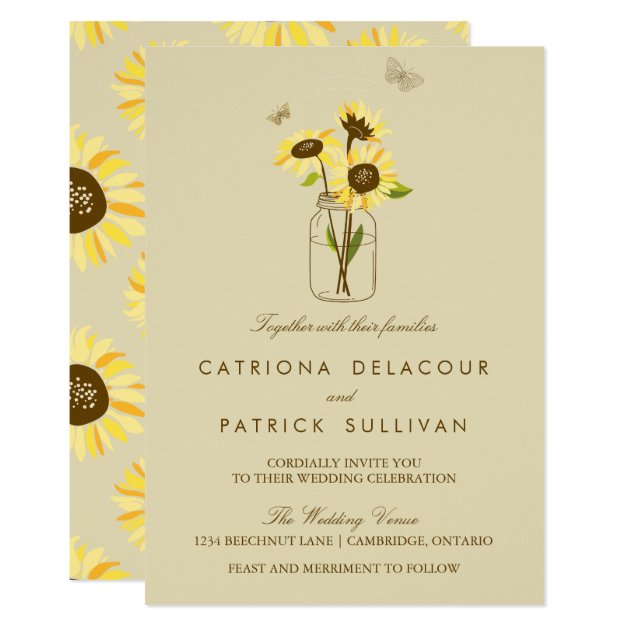 Vintage Sunflowers On Mason Jar Wedding Invitation