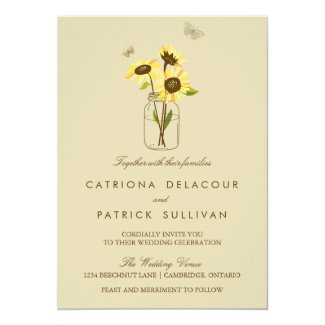 Vintage Sunflowers on Mason Jar Wedding Invitation