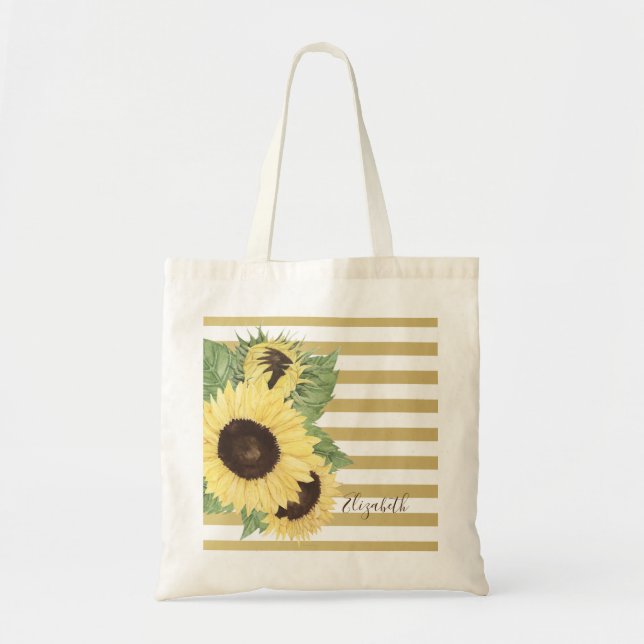 Vintage Sunflowers On Stripes Tote Bag (Front)
