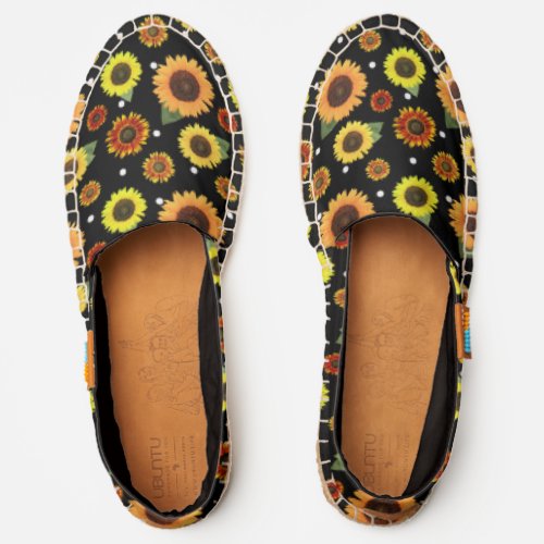 Vintage Sunflowers Polka Dots Fun Black Boho Print Espadrilles