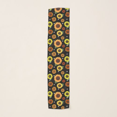 Vintage Sunflowers Polka Dots Fun Black Boho Print Scarf