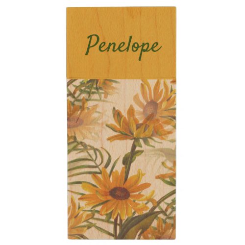 Vintage Sunflowers Pretty Floral Pattern with Name Wood Flash Drive