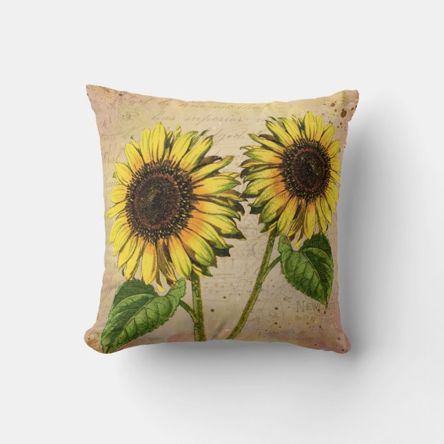 Vintage Sunflowers Throw Pillow (Front)