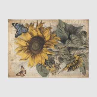 Vintage Sunflowers with Blue and Brown Butterflies Tissue Paper