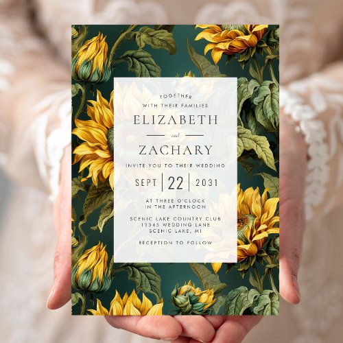 Vintage Sunflowers Yellow Dark Green Wedding Invitation