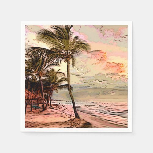 Vintage Sunrise Beach Palm Trees Decoupage Napkins