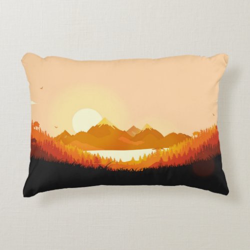 Vintage Sunrise Ocean Mountains Accent Pillow