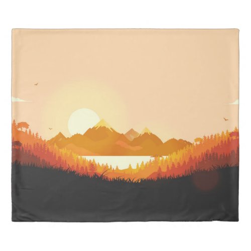Vintage Sunrise Ocean Mountains Duvet Cover
