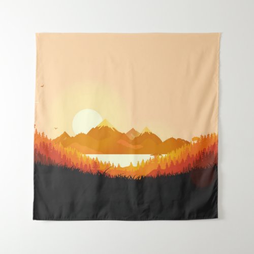 Vintage Sunrise Ocean Mountains Tapestry