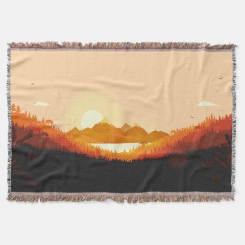 Vintage Sunrise Ocean Mountains Throw Blanket