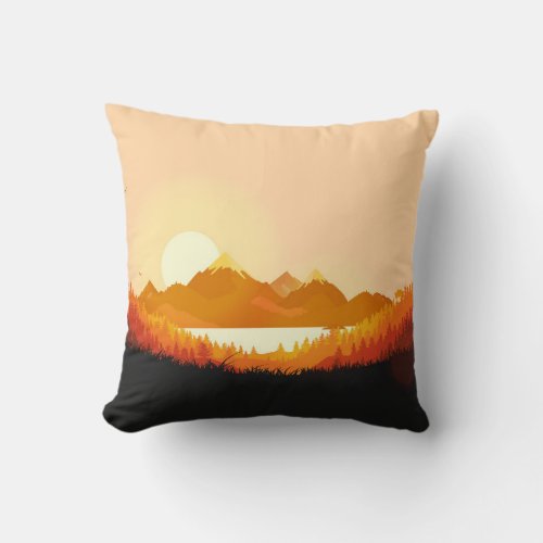 Vintage Sunrise Ocean Mountains Throw Pillow