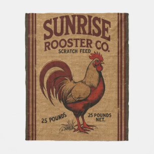 Vintage Sunrise Rooster Feed Sack Design on Burlap Fleece Blanket