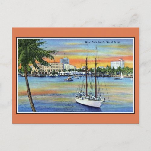 Vintage Sunset at West Palm Beach Florida Postcard