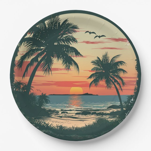 Vintage Sunset Beach Tropical Party Celebration Paper Plates (Front)
