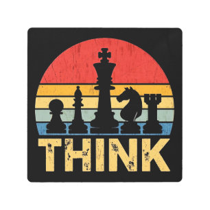 Vintage Sunset Chess Artwork – Inspiring "Think" Metal Print