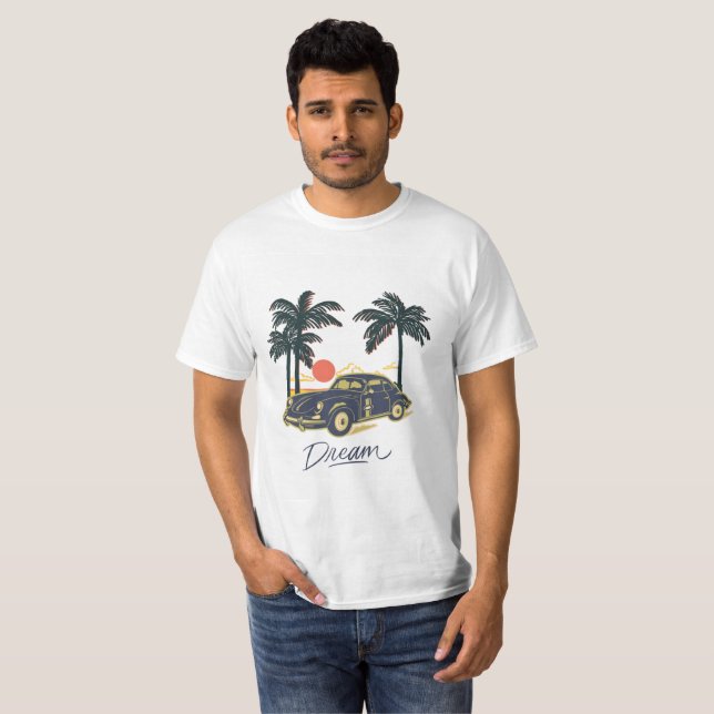 Vintage Sunset Dream - Classic Car Tropicat T-Shirt (Front Full)