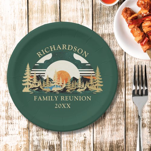 Vintage Sunset Green Camping Family Reunion Paper Plates