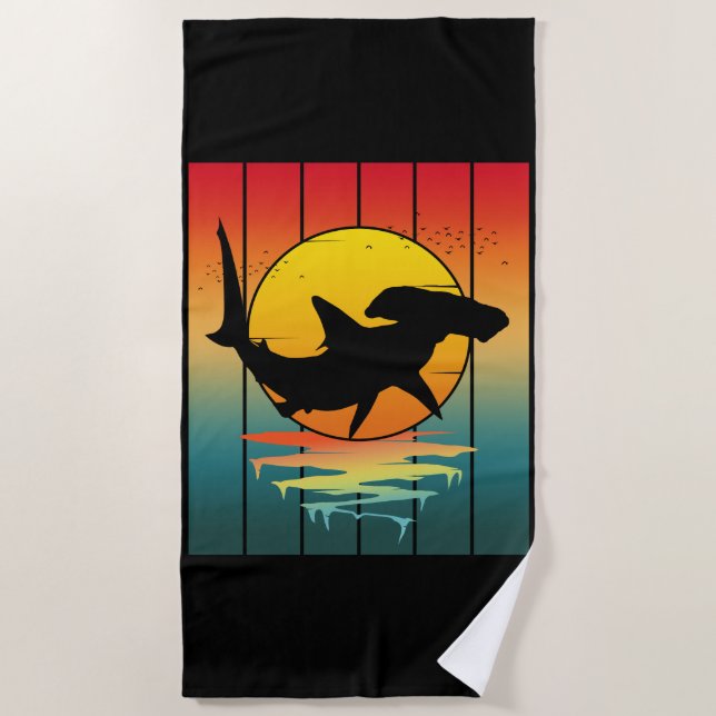 Vintage Sunset Hammerhead Shark  Beach Towel (Front)