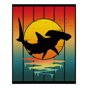 Vintage Sunset Hammerhead Shark Poster