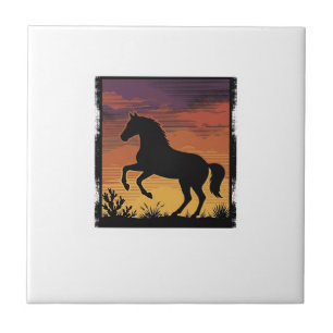 Vintage Sunset Horse Silhouette Western Engraving Ceramic Tile