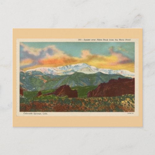 Vintage Sunset over Pikes Peak Colorado Springs Postcard