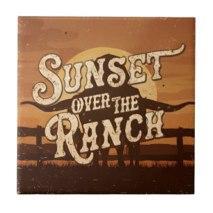 Vintage Sunset Over the Ranch Ceramic Tile