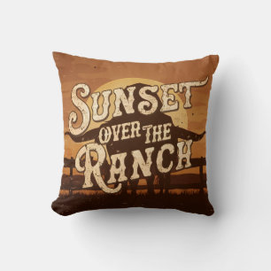 Vintage Sunset Over the Ranch Throw Pillow