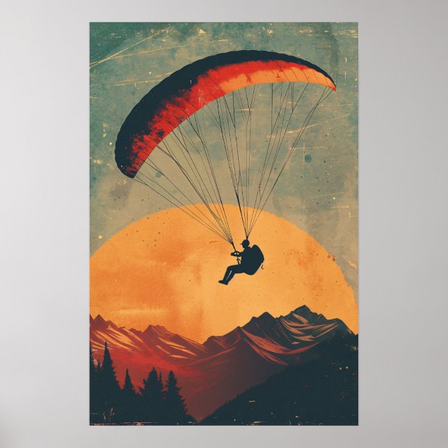 Vintage Sunset Paragliding in the Mountain Poster (Front)