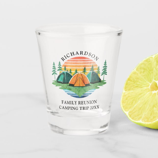 Vintage Sunset Personalized Camping Family Reunion Shot Glass (Front)