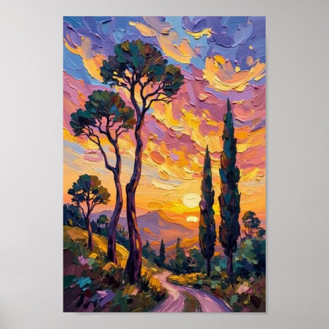 Vintage Sunset Silhouette Countryside Art Poster (Front)