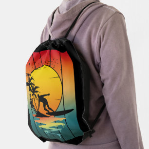 Vintage Sunset Surfing Surfer Ocean Surf Drawstring Bag