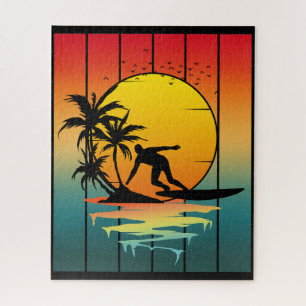 Vintage Sunset Surfing Surfer Ocean Surf Jigsaw Puzzle