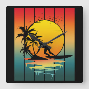 Vintage Sunset Surfing Surfer Ocean Surf Square Wall Clock