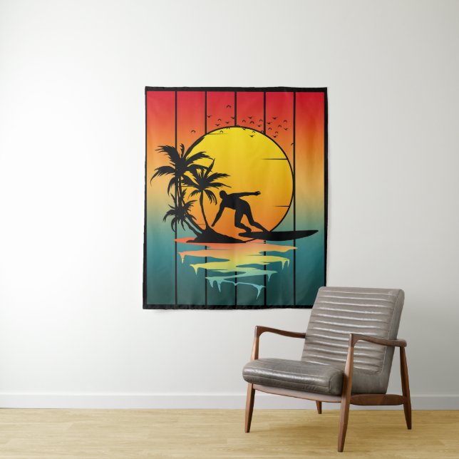 Vintage Sunset Surfing Surfer Ocean Surf Tapestry (In Situ)