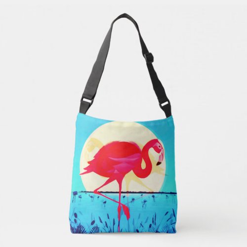 Vintage Sunset Tropical Lake Flamingo  Crossbody Bag