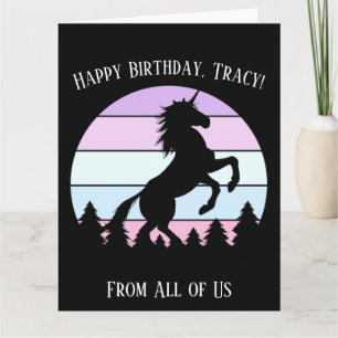 Vintage Sunset Unicorn Rearing Name Date Birthday Card