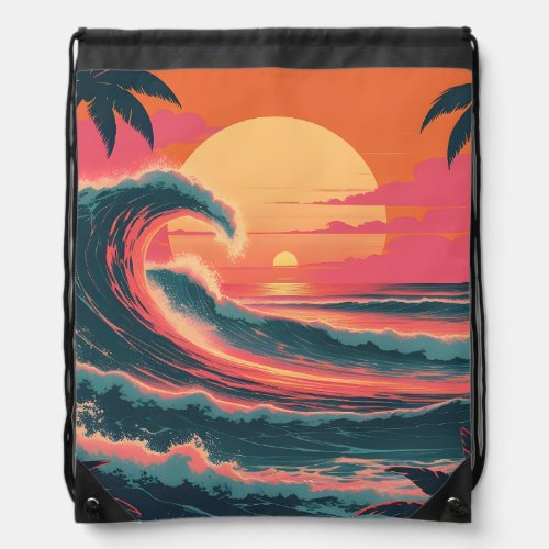 Vintage Sunset Wave | Retro Tropical Drawstring Ba Bag