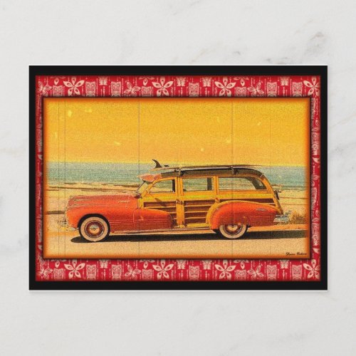 vintage surf woodie postcard