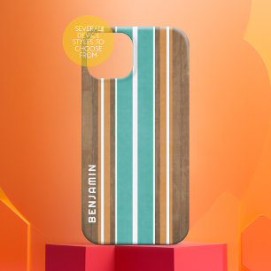 Vintage Surfboard Stripes - Subtle Wood Background iPhone 15 Case