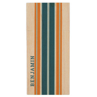 Vintage Surfboard Stripes - Subtle Wood Background Flash Drive