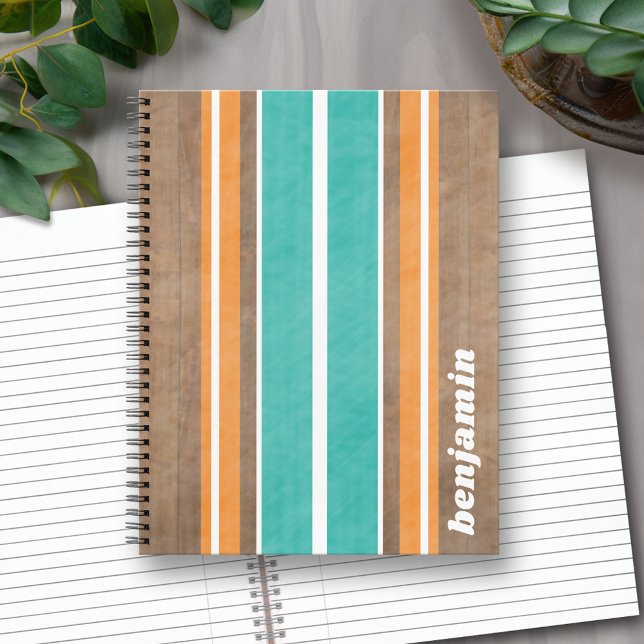 Vintage Surfboard Stripes - Subtle Wood Background Notebook (Personalized Notebook with Custom Text)