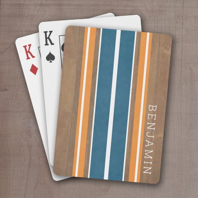 Vintage Surfboard Stripes - Subtle Wood Background Poker Cards (Vintage Surfboard design with a place to personalize with name - great Bachelor Gift)