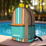 Vintage Surfboard Stripes - Subtle Wood Background Printed Backpack<br><div class="desc">A colorful,  retro stripe design in aqua blue and orange on a faux wood print background. A vintage surfboard stripe design with a beach and surf look. Add your name to make this a personal backpack that will stand out amongst your friends. The text is a retro serif font.</div>