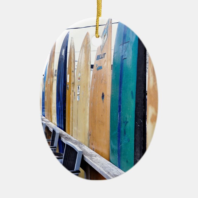 Vintage Surfboards on Montauk Beach Ceramic Ornament (Front)