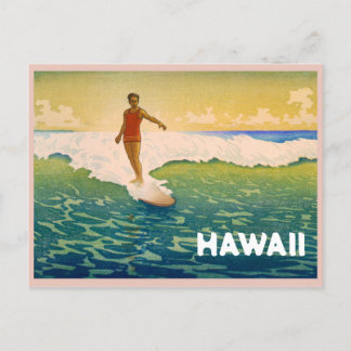 Vintage Surfer in Hawaii Illustration Postcard