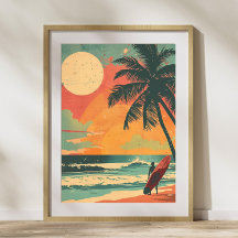 Vintage Surfer in Summer Sunset Retro Poster