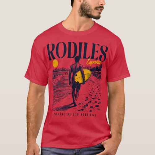 Vintage Surfing Rodiles Spain Retro Surfer Sketch  T_Shirt