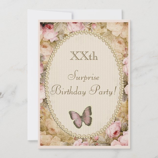 Vintage Surprise Birthday Roses Butterfly, Music Invitation (Front)