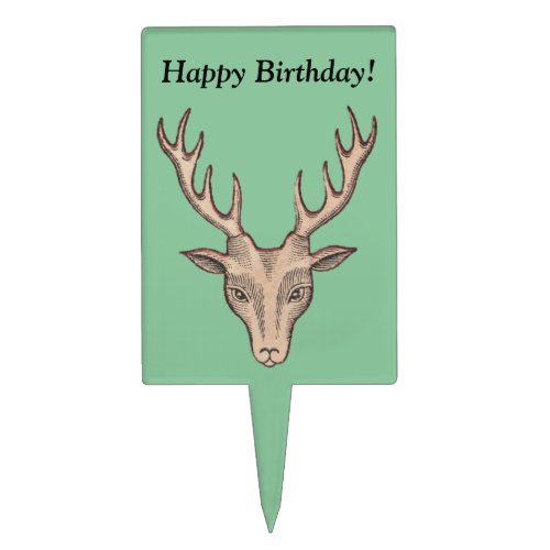 Vintage Surreal Deer Head Antlers Birthday Cake Topper